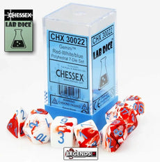 CHESSEX ROLEPLAYING DICE - Gemini RED-BLUE/WHITE (LAB DICE) 7-Dice Set  (CHX30022)
