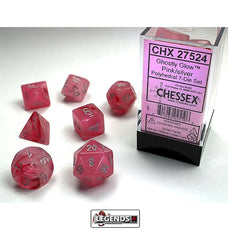 CHESSEX ROLEPLAYING DICE - GHOSTLY GLOW 7-Die Set  PINK /SILVER  (CHX27524)