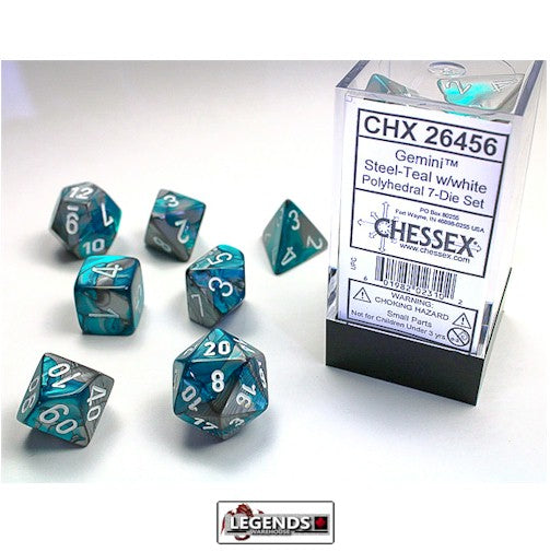CHESSEX ROLEPLAYING DICE - GEMINI  7-Die Set  STEEL  TEAL/WHITE  (CHX27456)