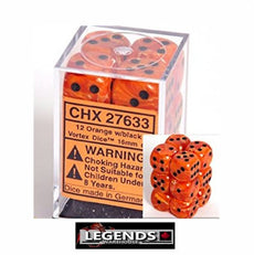 CHESSEX - D6 - 16MM X12 - Vortex: 12D6 Orange / Black  (CHX27633)