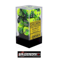 CHESSEX - D6 - 16MM X12  - Gemini: 12D6 Green-Yellow / Silver  (CHX26654)