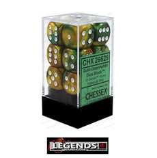 CHESSEX - D6 - 16MM X12  - Gemini: 12D6 Gold-Green / White  (CHX26625)