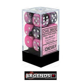 CHESSEX - D6 - 16MM X12  - Gemini: 12D6 Black-Pink / White  (CHX26630)