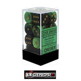 CHESSEX - D6 - 16MM X12  - Gemini: 12D6 Black-Green / Gold  (CHX26639)